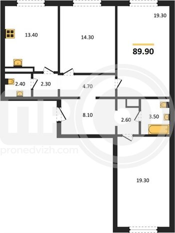Миниатюра 3-комнатная квартира, 89.9кв.м