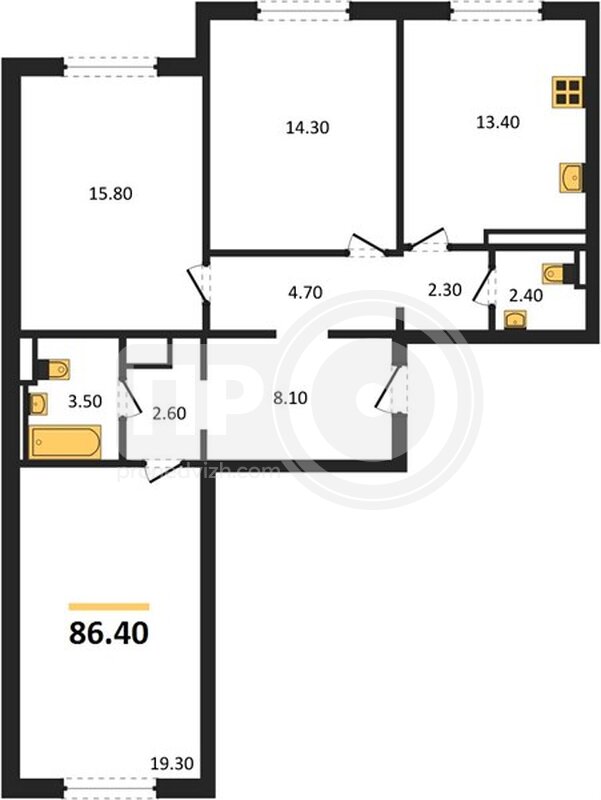 3-комнатная квартира, 86.4кв.м