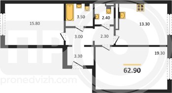 Миниатюра 2-комнатная квартира, 62.9кв.м