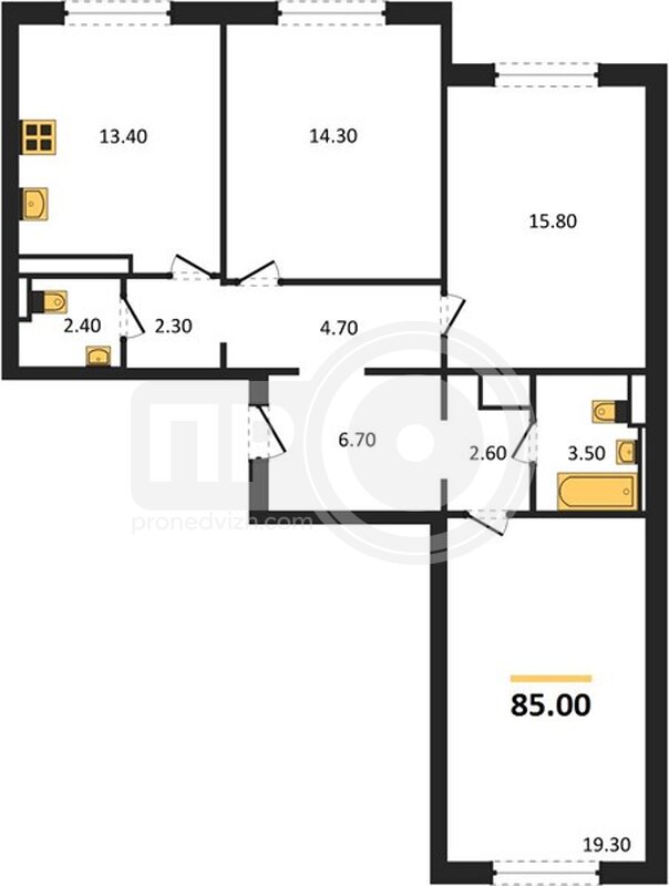 3-комнатная квартира, 85кв.м