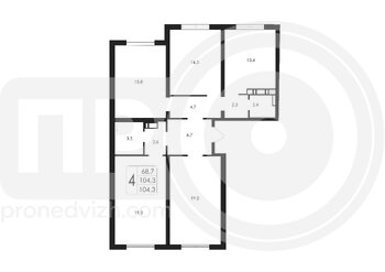 Миниатюра 4-комнатная квартира, 104.3кв.м