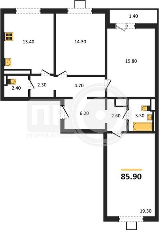 3-комнатная квартира, 85.9кв.м