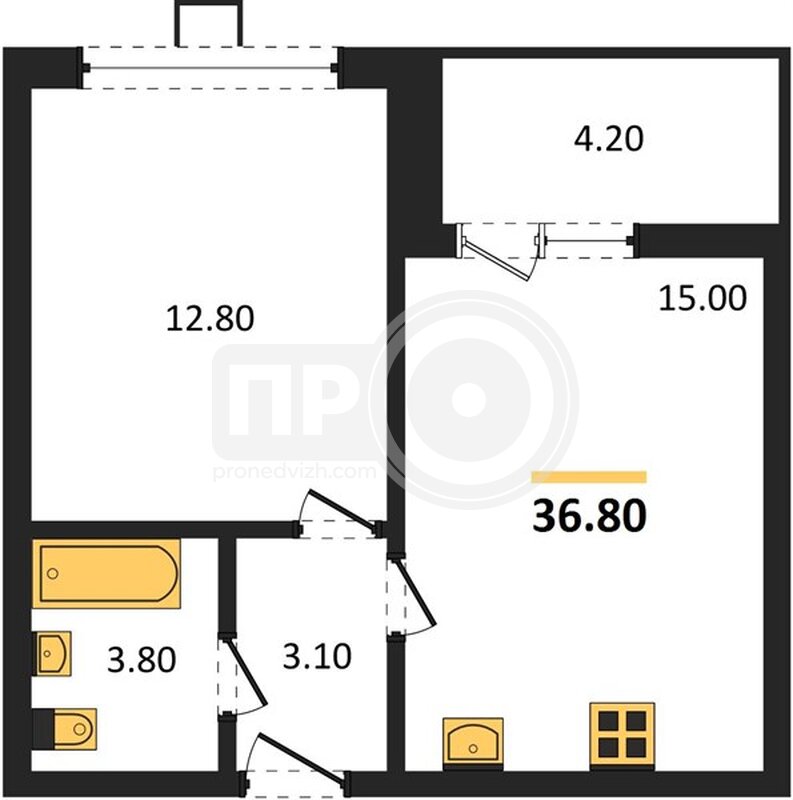 1-комнатная квартира, 36.8кв.м