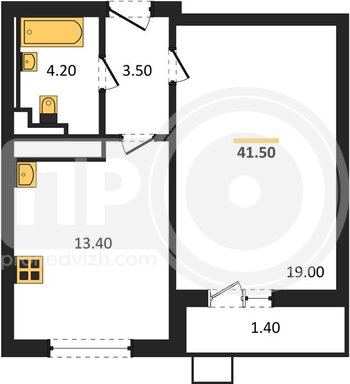 Миниатюра 1-комнатная квартира, 41.5кв.м