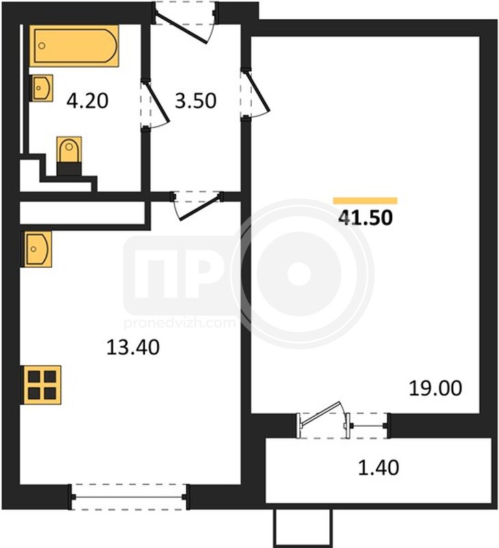 1-комнатная квартира, 41.5кв.м