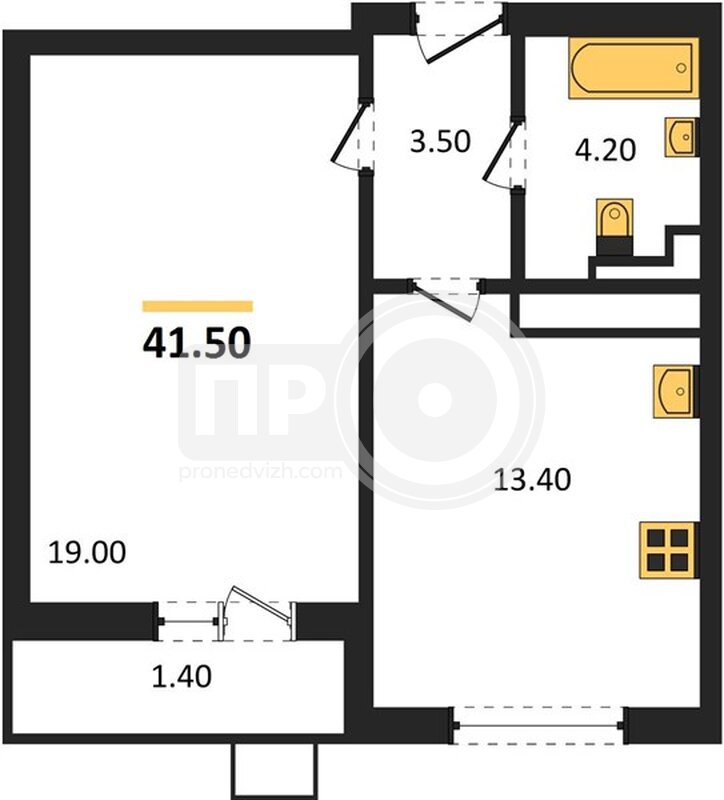 1-комнатная квартира, 41.5кв.м