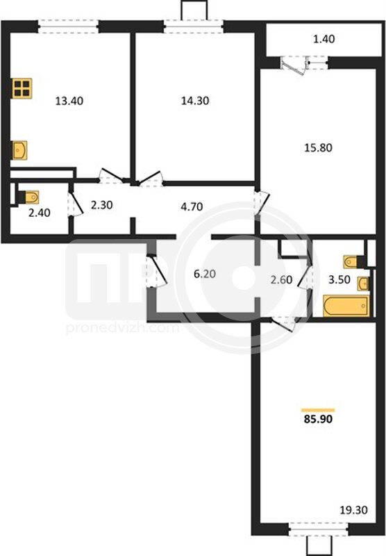 3-комнатная квартира, 85.9кв.м