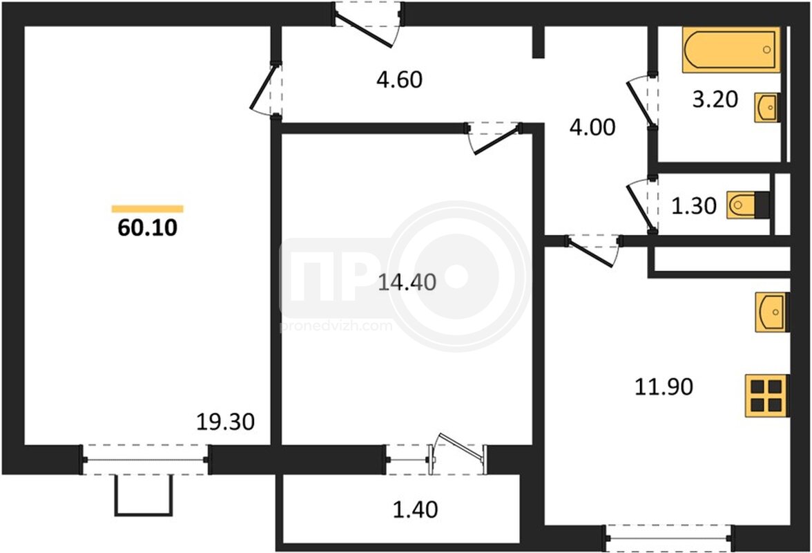 2-комнатная квартира, 60.1кв.м