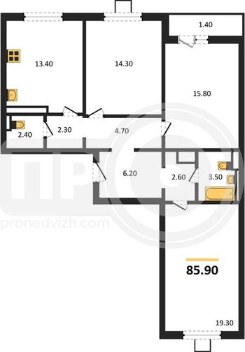 Миниатюра 3-комнатная квартира, 85.9кв.м