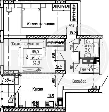 Миниатюра 2-комнатная квартира, 62.3кв.м