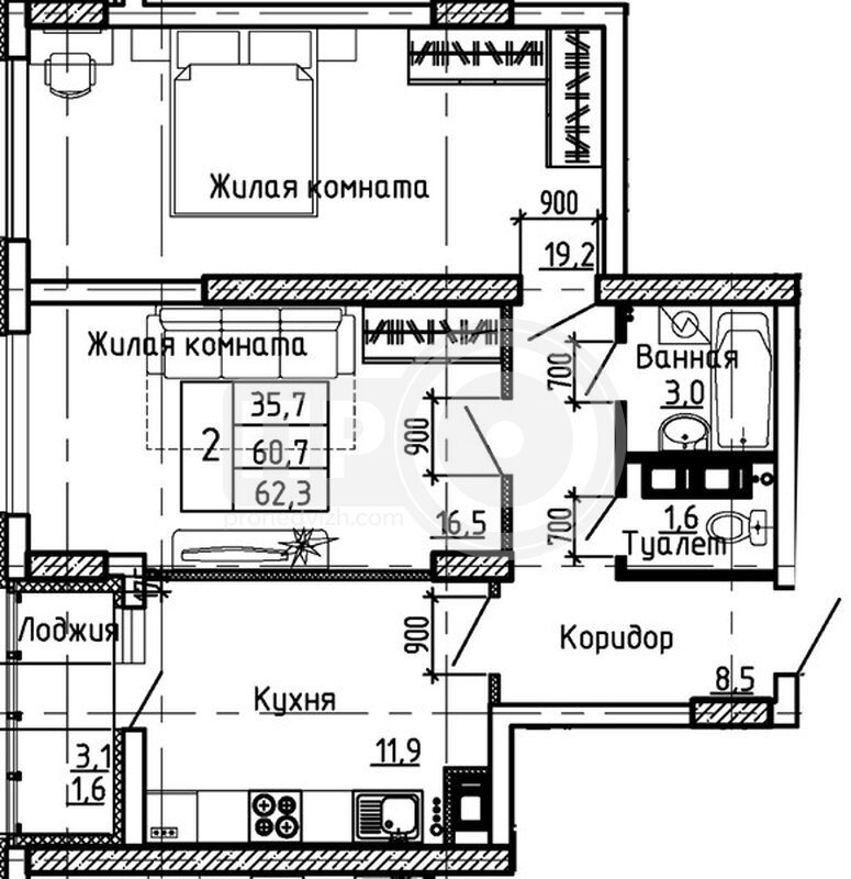 2-комнатная квартира, 62.3кв.м