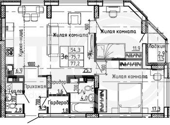 Миниатюра 2-комнатная квартира, 77.2кв.м
