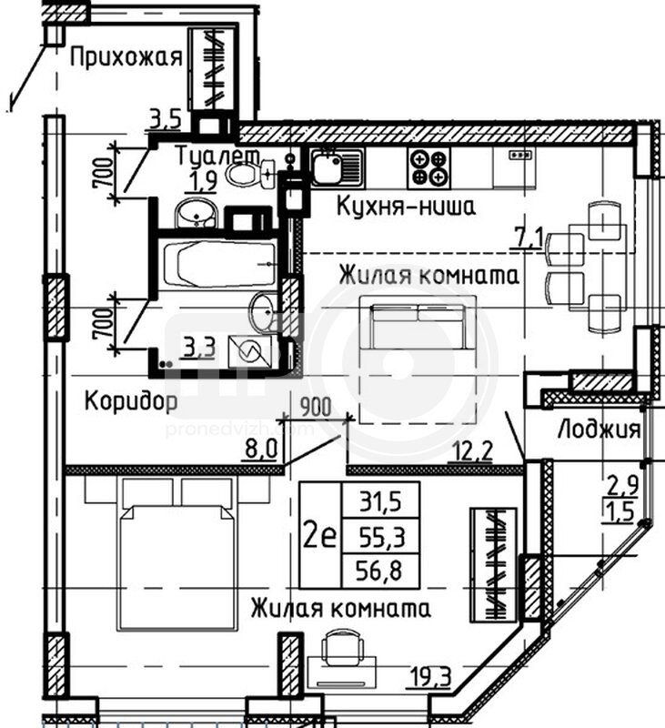 1-комнатная квартира, 56.8кв.м