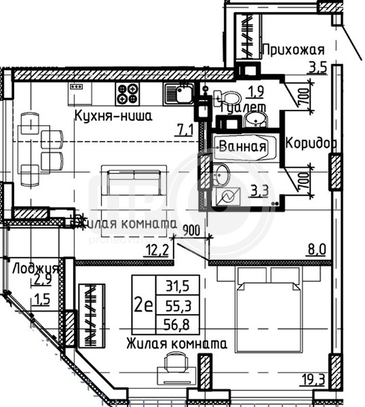 1-комнатная квартира, 56.8кв.м