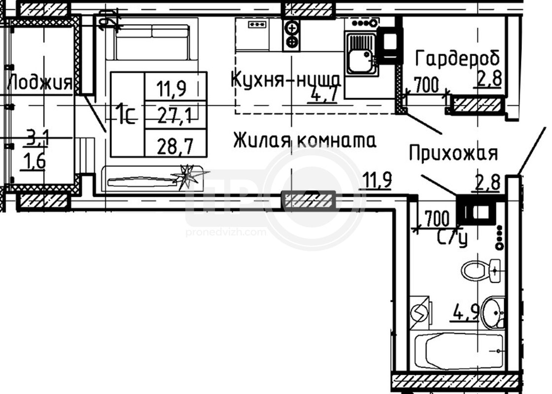 квартира-студия, 28,7кв.м.