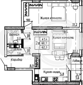 Миниатюра 1-комнатная квартира, 62.3кв.м