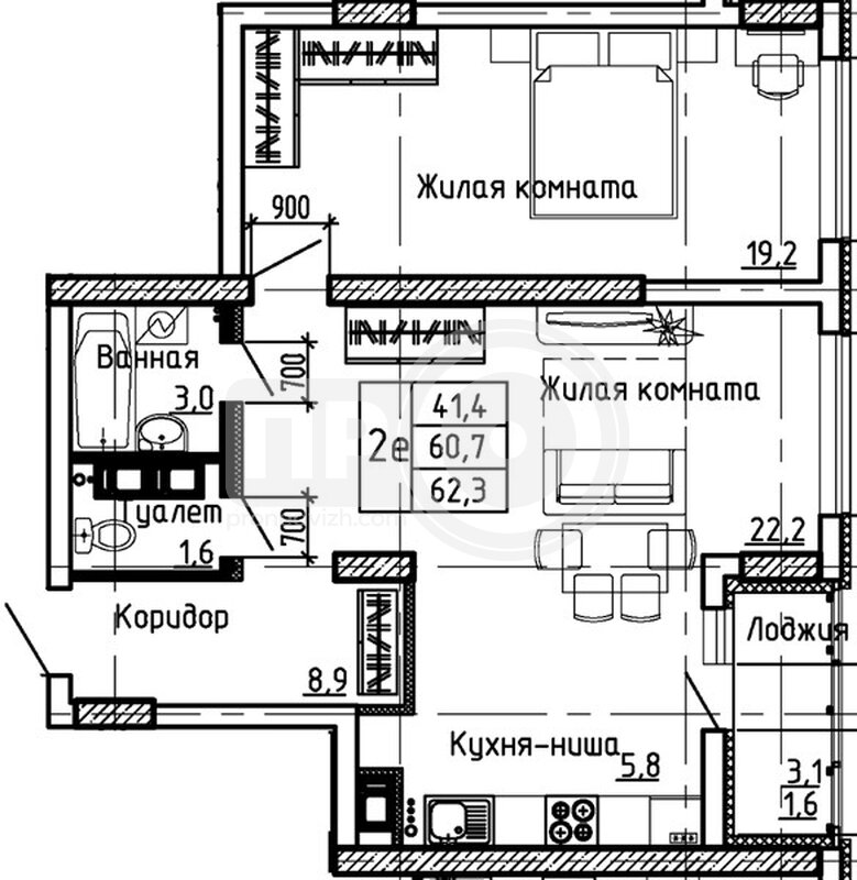 1-комнатная квартира, 62.3кв.м