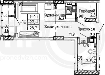 Миниатюра квартира-студия, 28,7кв.м.