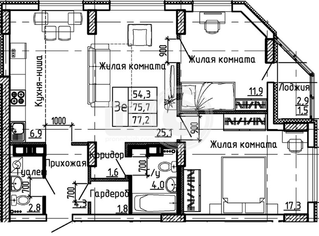 2-комнатная квартира, 77.2кв.м