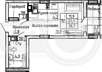 Миниатюра квартира-студия, 28,7кв.м.