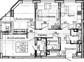 Миниатюра 3-комнатная квартира, 75.8кв.м