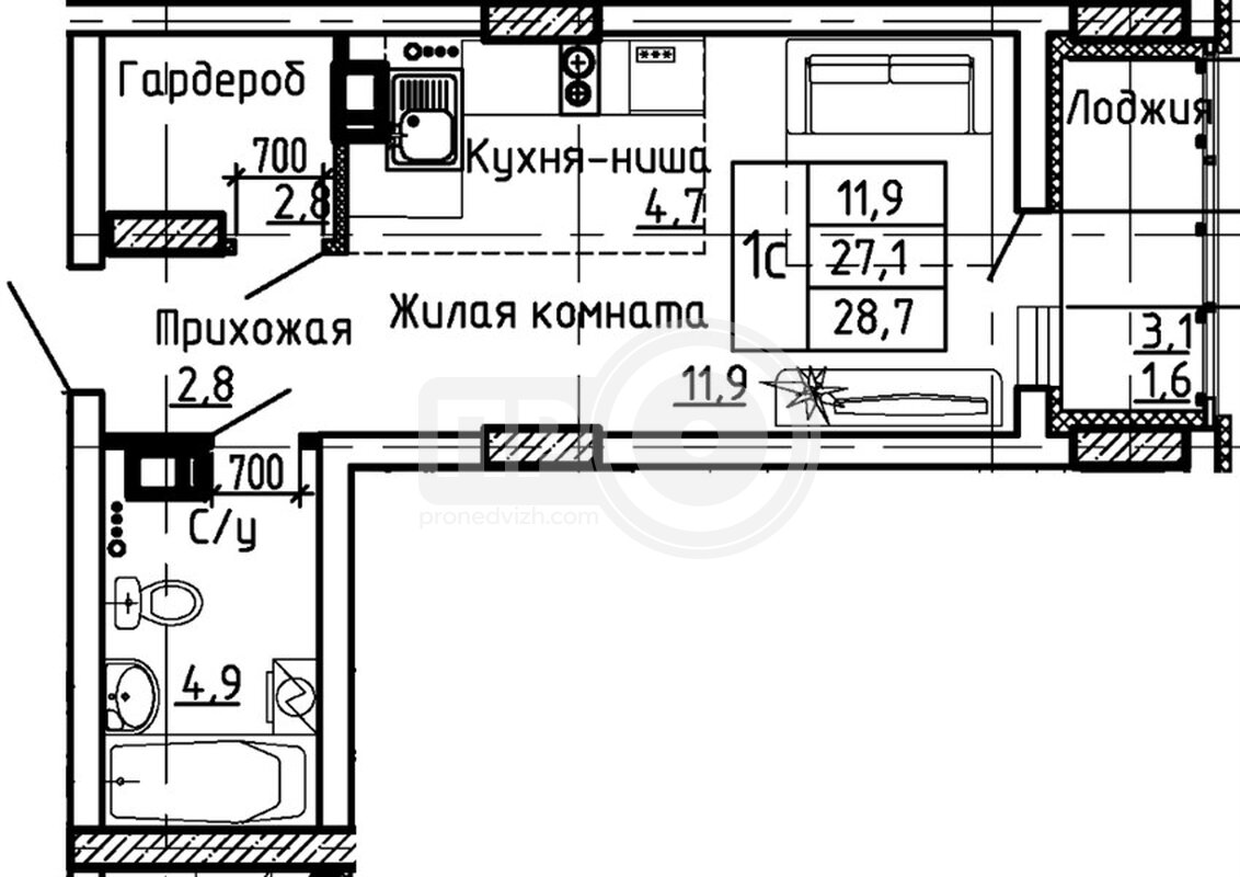 квартира-студия, 28,7кв.м.