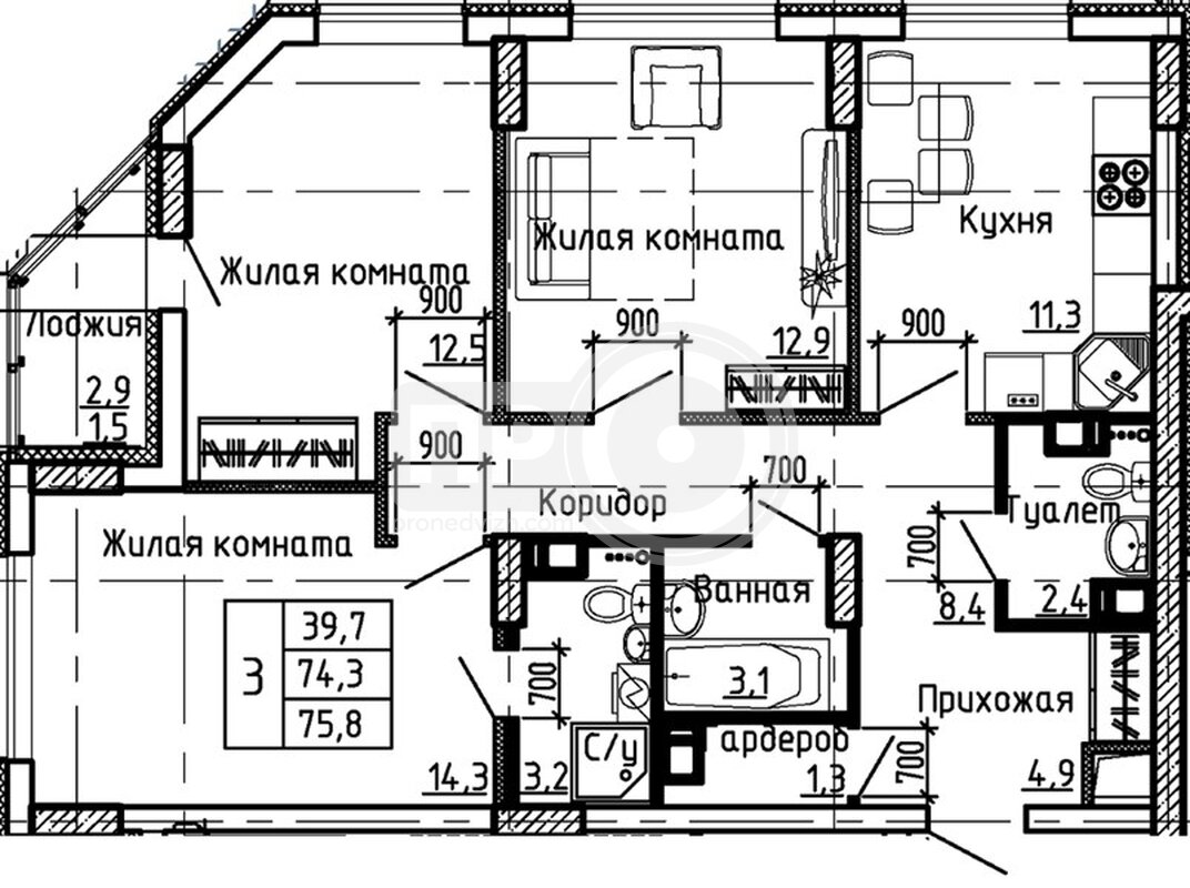 3-комнатная квартира, 75.8кв.м
