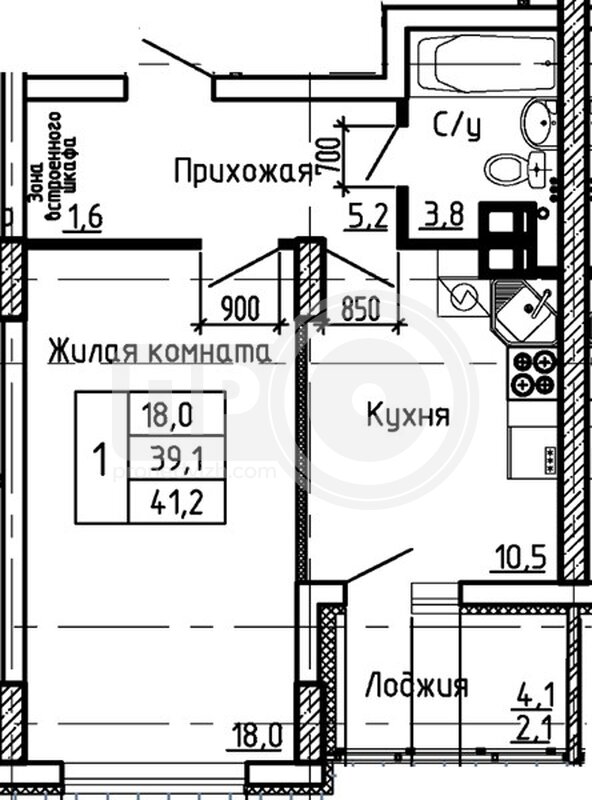 1-комнатная квартира, 41.2кв.м