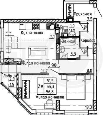 Миниатюра 1-комнатная квартира, 56.8кв.м