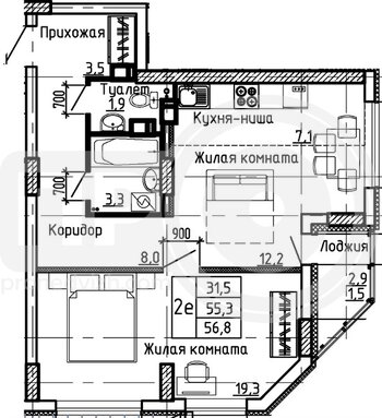 Миниатюра 1-комнатная квартира, 56.8кв.м