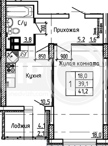Миниатюра 1-комнатная квартира, 41.2кв.м