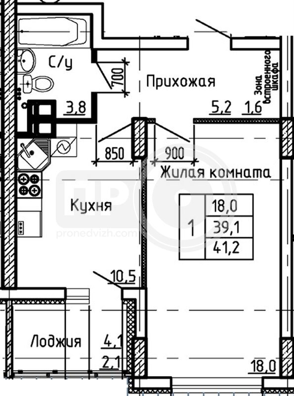 1-комнатная квартира, 41.2кв.м