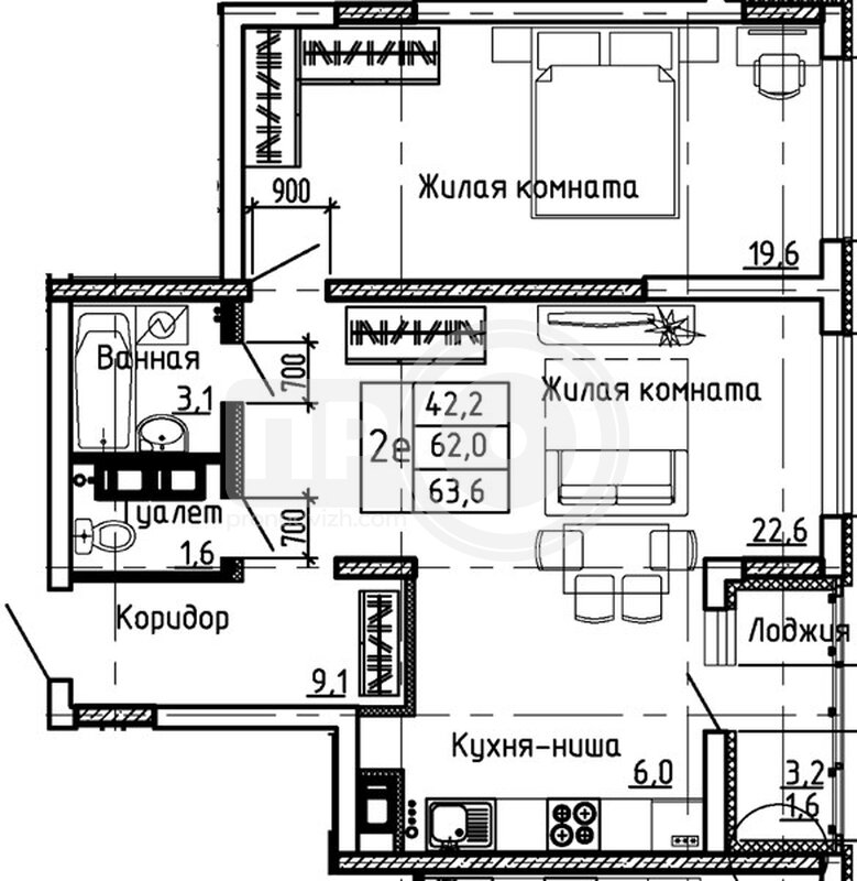 1-комнатная квартира, 63.6кв.м