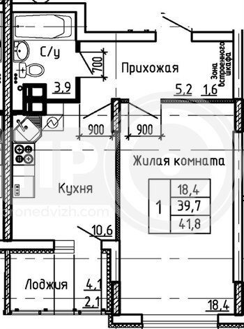 Миниатюра 1-комнатная квартира, 41.8кв.м