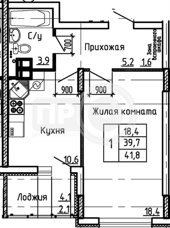 1-комнатная квартира, 41.8кв.м