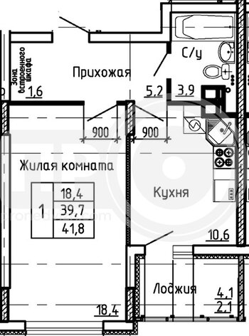 Миниатюра 1-комнатная квартира, 41.8кв.м