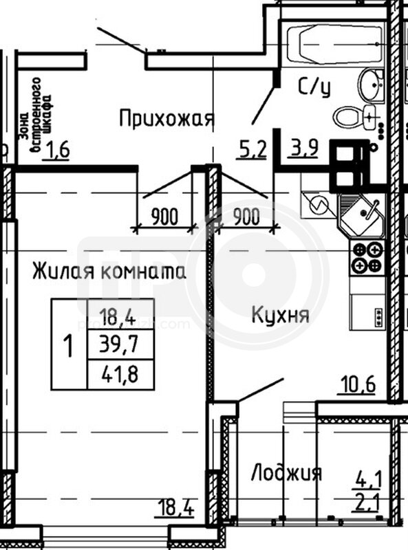 1-комнатная квартира, 41.8кв.м