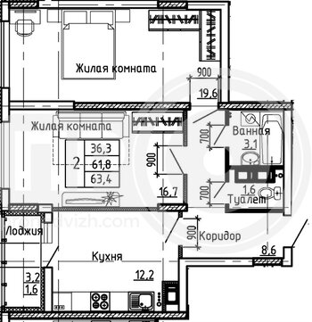 Миниатюра 2-комнатная квартира, 63.4кв.м