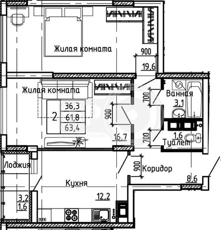 2-комнатная квартира, 63.4кв.м