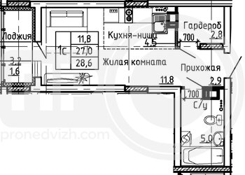 Миниатюра квартира-студия, 28,6кв.м.