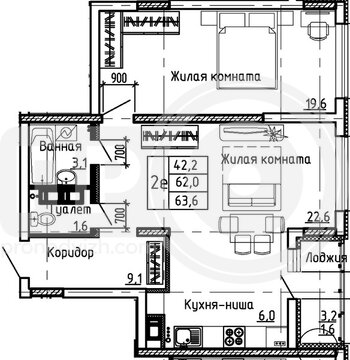 Миниатюра 1-комнатная квартира, 63.6кв.м