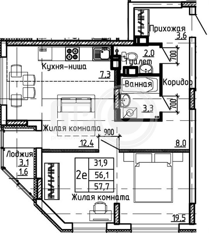 1-комнатная квартира, 57.7кв.м