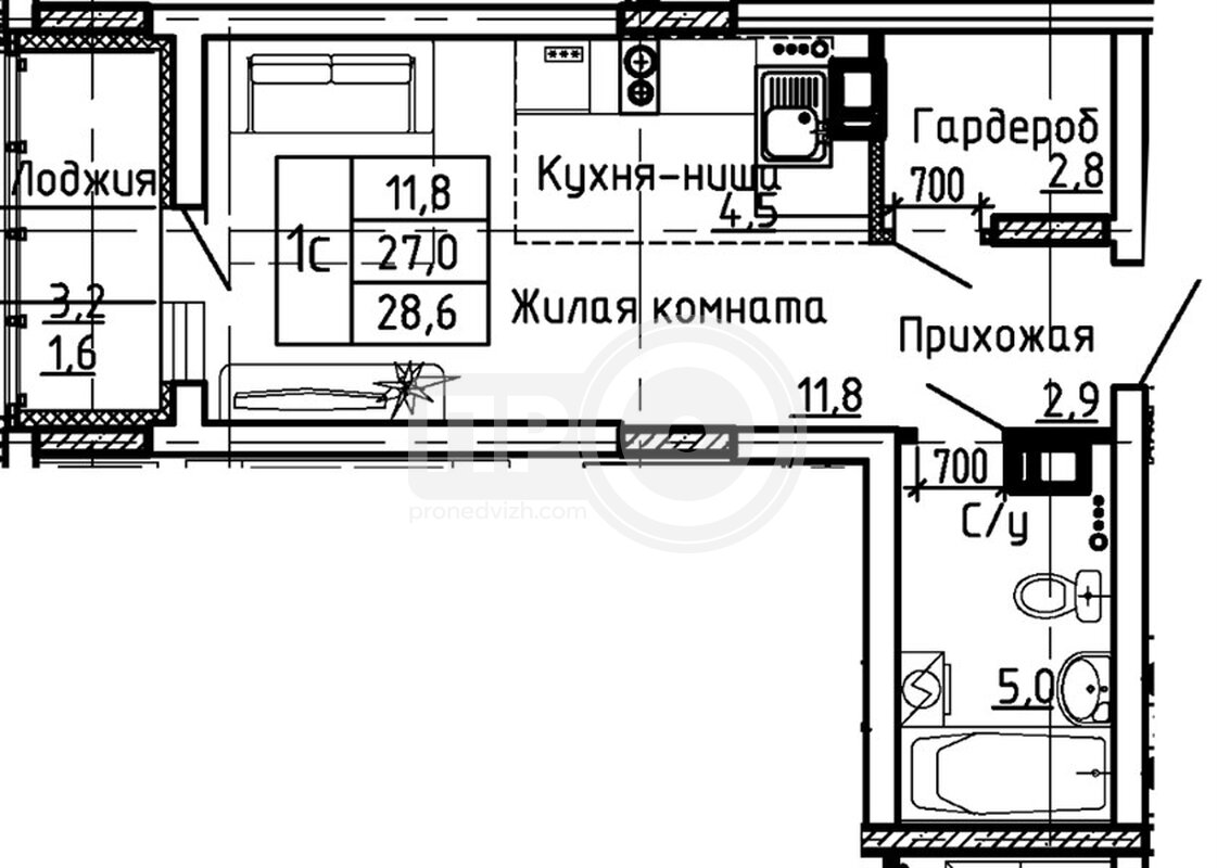 квартира-студия, 28,6кв.м.