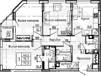 Миниатюра 3-комнатная квартира, 77.3кв.м