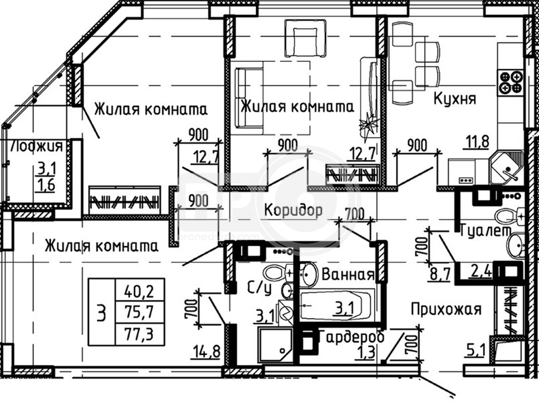 3-комнатная квартира, 77.3кв.м