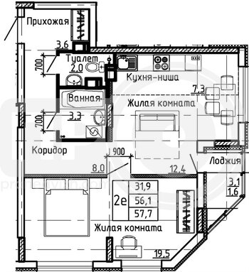 Миниатюра 1-комнатная квартира, 57.7кв.м