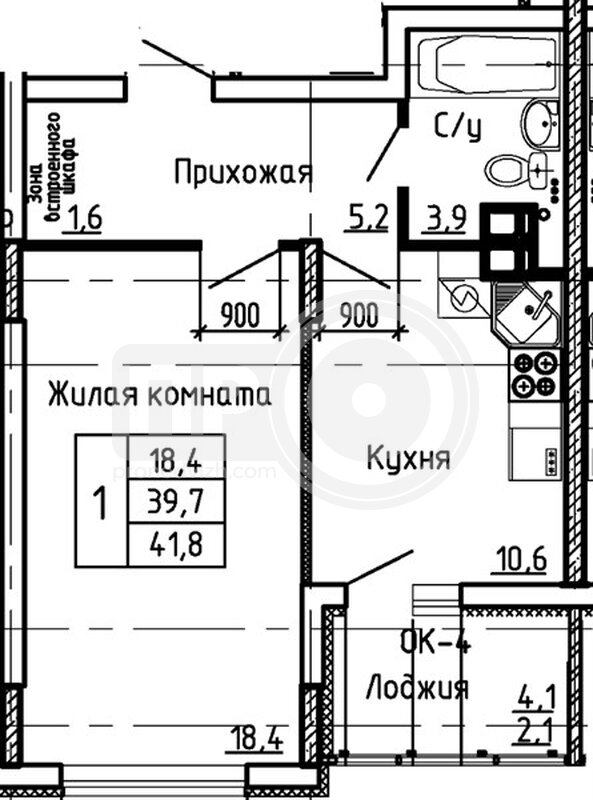 1-комнатная квартира, 41.8кв.м