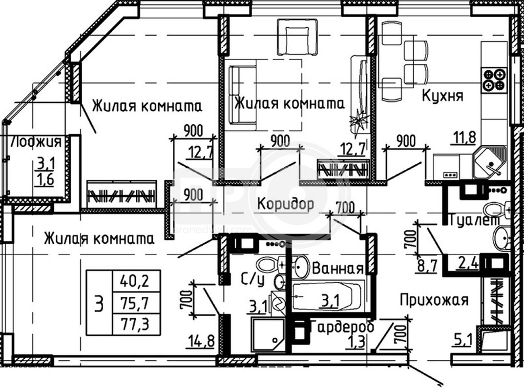 3-комнатная квартира, 77.3кв.м