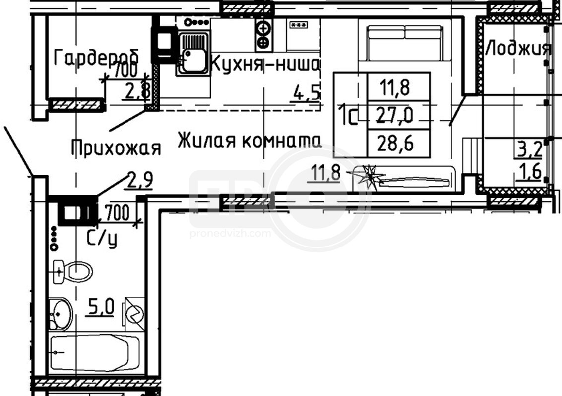 квартира-студия, 28,6кв.м.