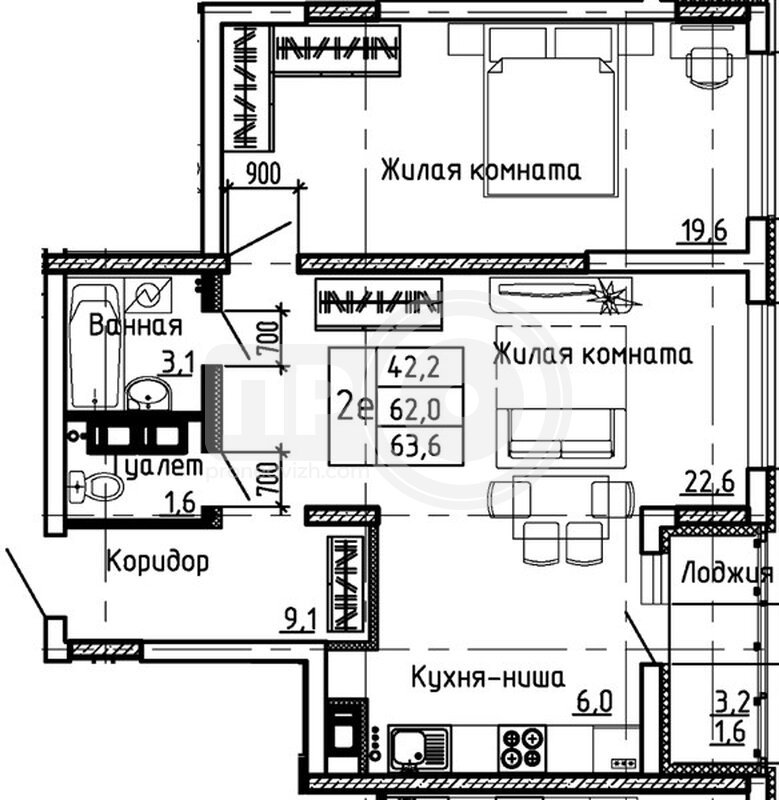 1-комнатная квартира, 63.6кв.м